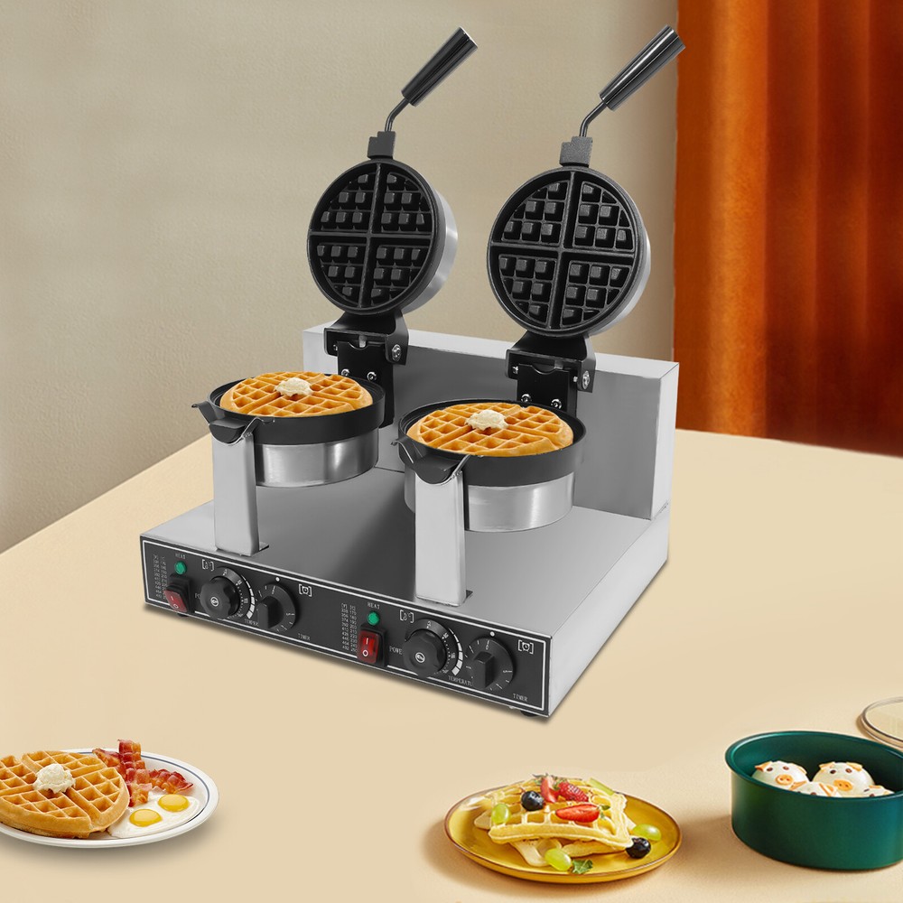 Waffle Maker Commercial Double Head Breakfast Waffle Maker Kitchen W/Tray New