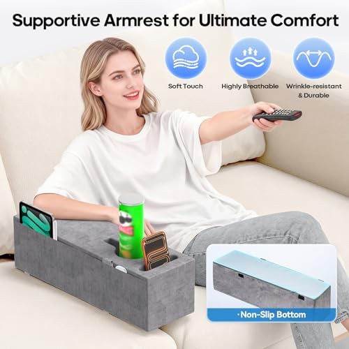 Sofa Armrest Couch Caddy with Cup Holder, Insertable/Removable (1-Pack) Gray