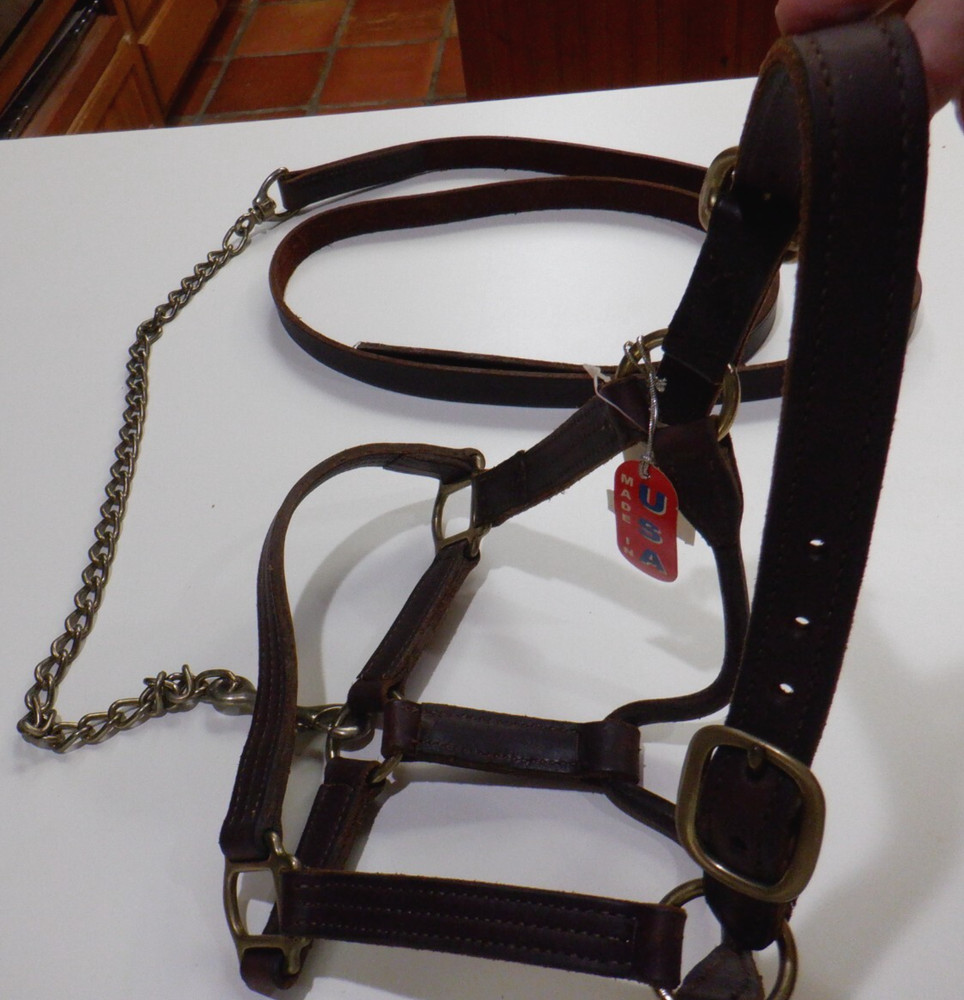 Horse Halter New w/tags Leather Nice/Heavy Solid Brass Buckels, snaps, Chain