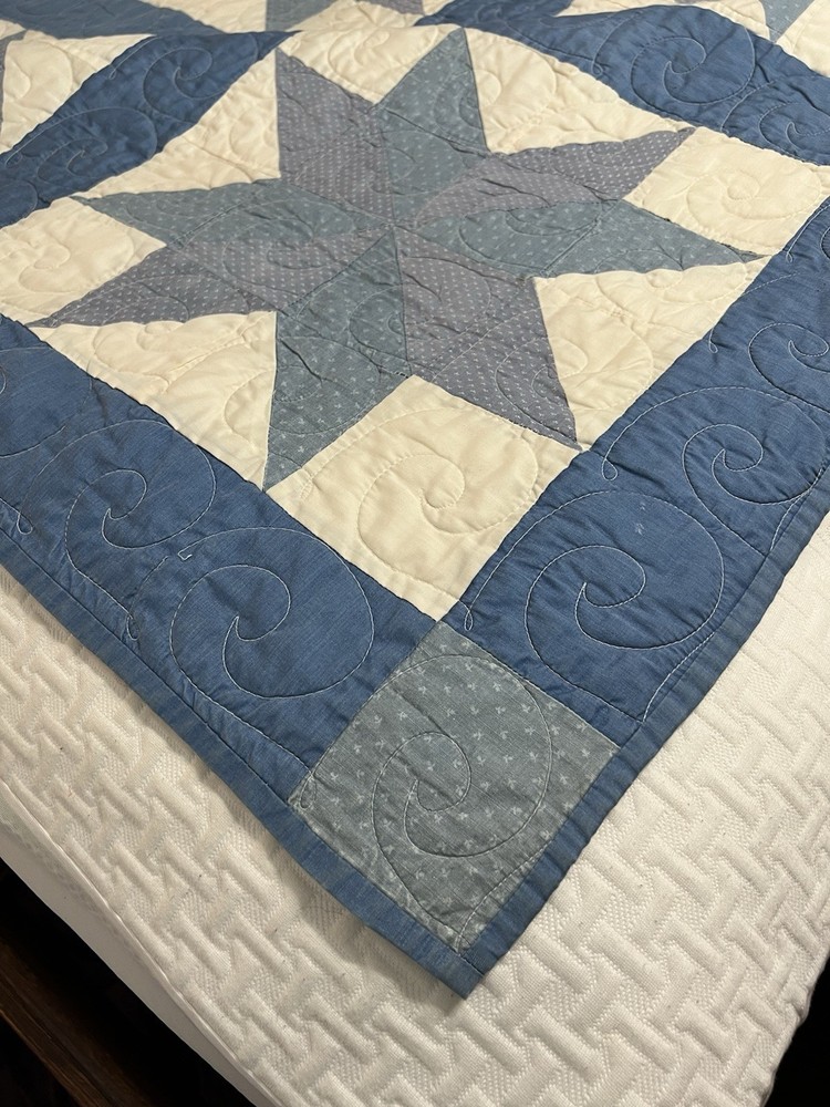 Full Size Patchwork Quilt Blue And White Star Design