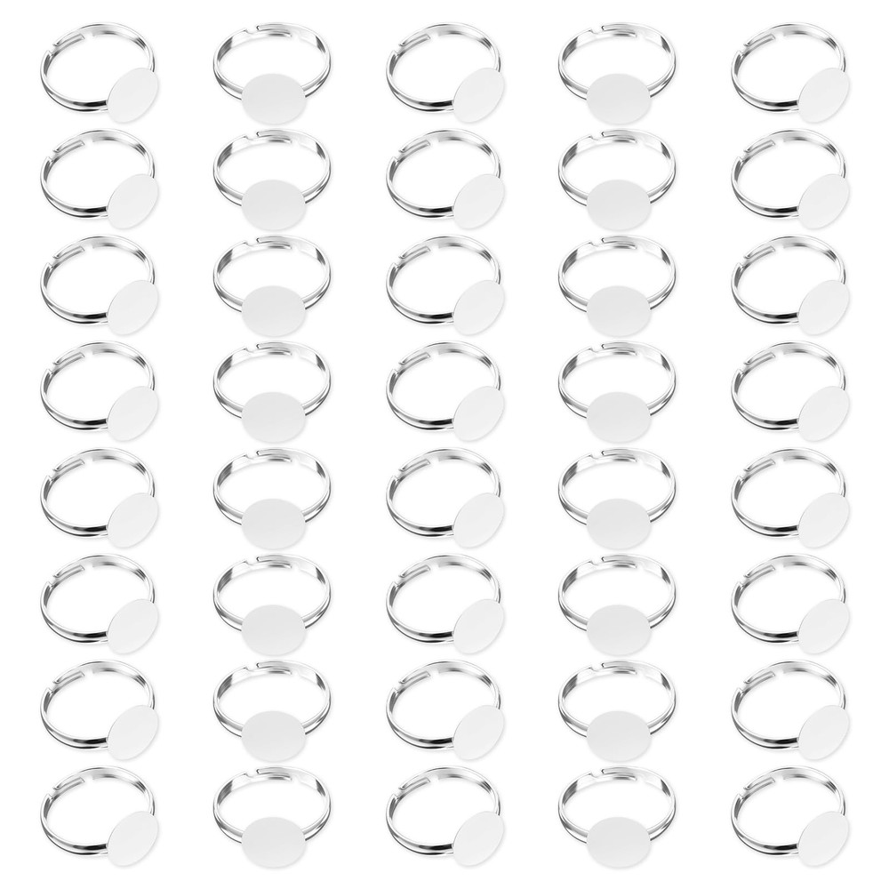 Ring Settings Base Adjustable Silver 40 Pcs 10mm Flat Round Pad Metal DIY