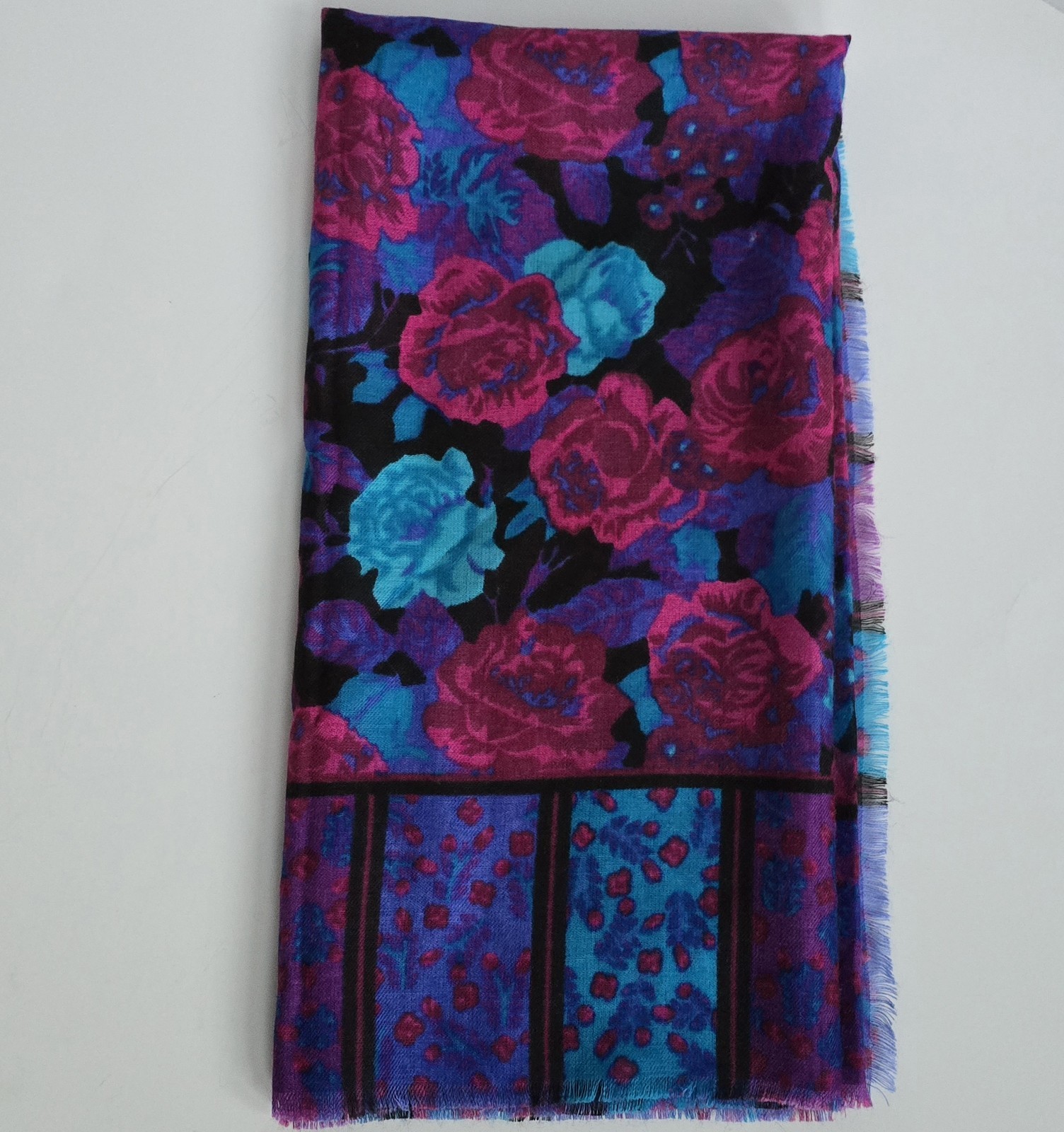 Vintage Glentex Japan Square Scarf Floral Stripes Blue Purple Pink 30x31 Inches