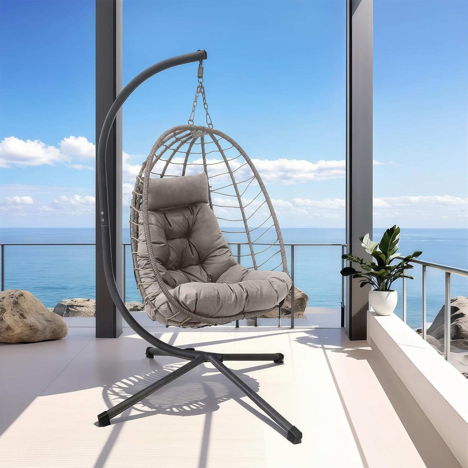 Hanging Egg Chair with Stand, Outdoor Wicker Patio Swing, Foldable Hammock Chair