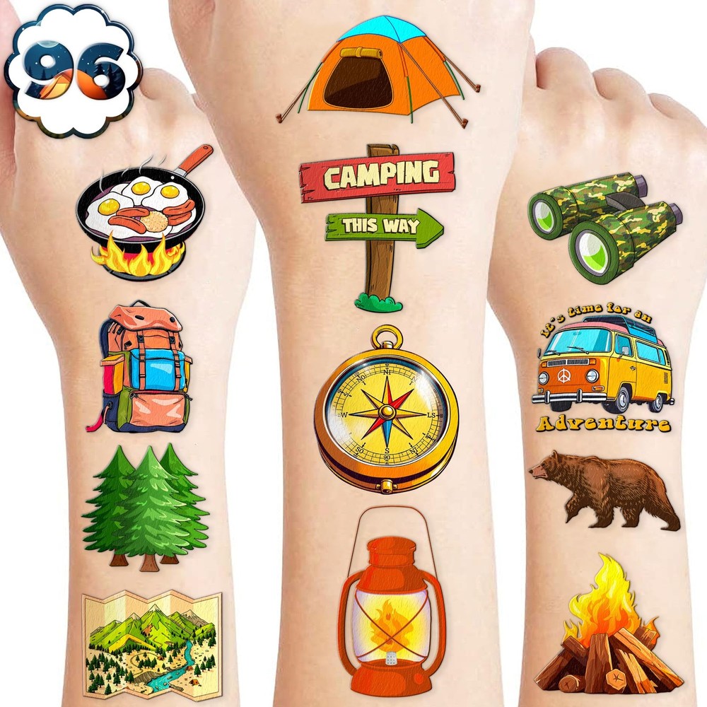 96PCS Camping Camp Camper Campfire Pre-Cut Temporary Tattoos Medium, multiple