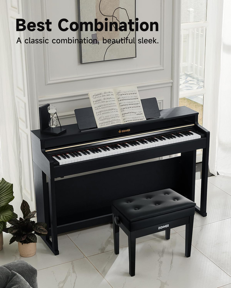 Adjustable Piano Bench with Storage & Cushion - Solid Wood Black Stool