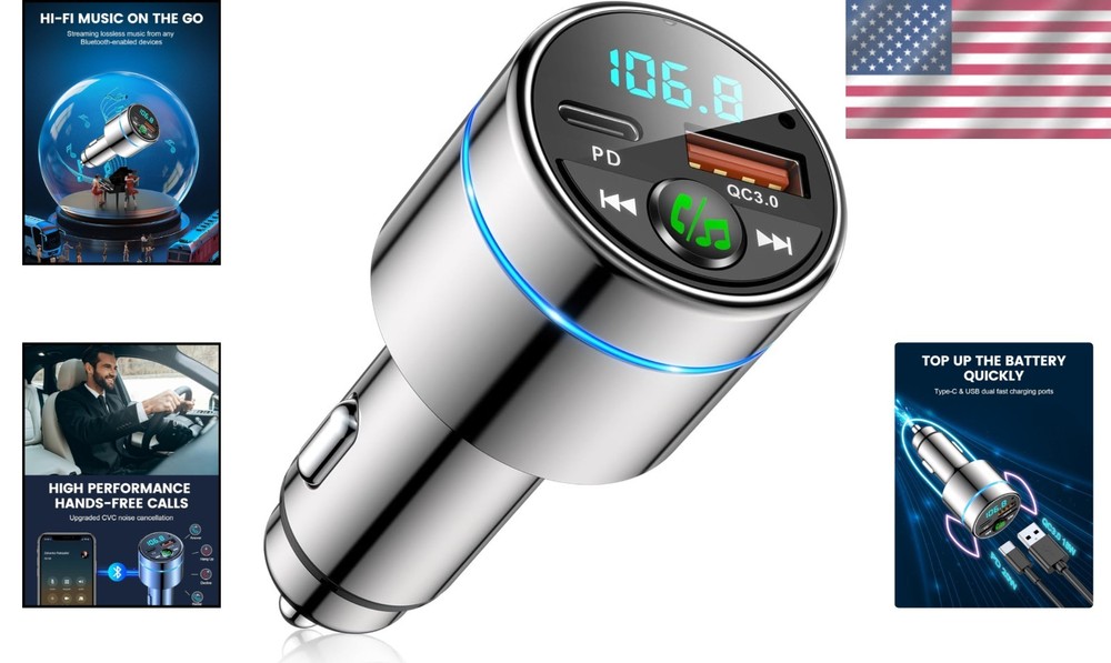 Stylish Car FM Transmitter with Bluetooth 5.3 & Dual USB Fast Charging Ports