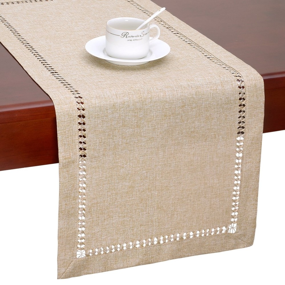 Grelucgo Large Handmade Hemstitch Beige Table Runner, Rectangular 14 by 108 Inch
