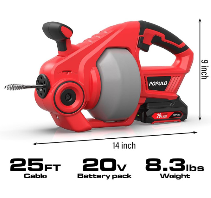 20V Cordless Drain Auger 25ft Auto-Feed Snake Kit
