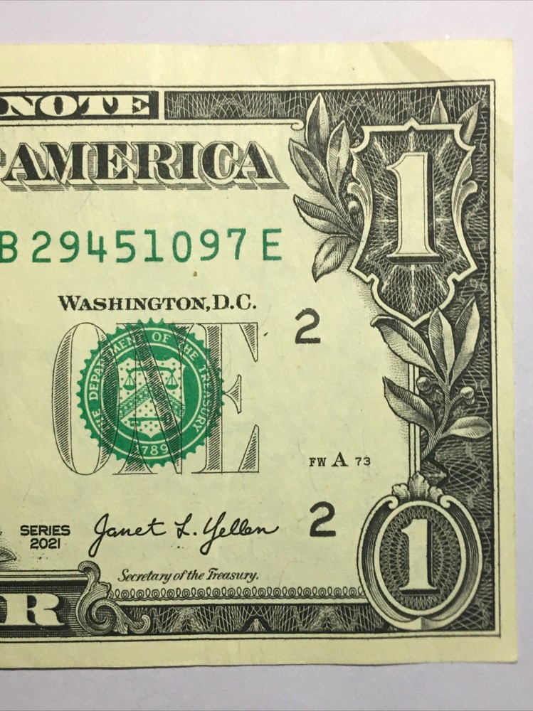 2021 Error $1 Bill Offset Mis-Print Obverse & Reverse