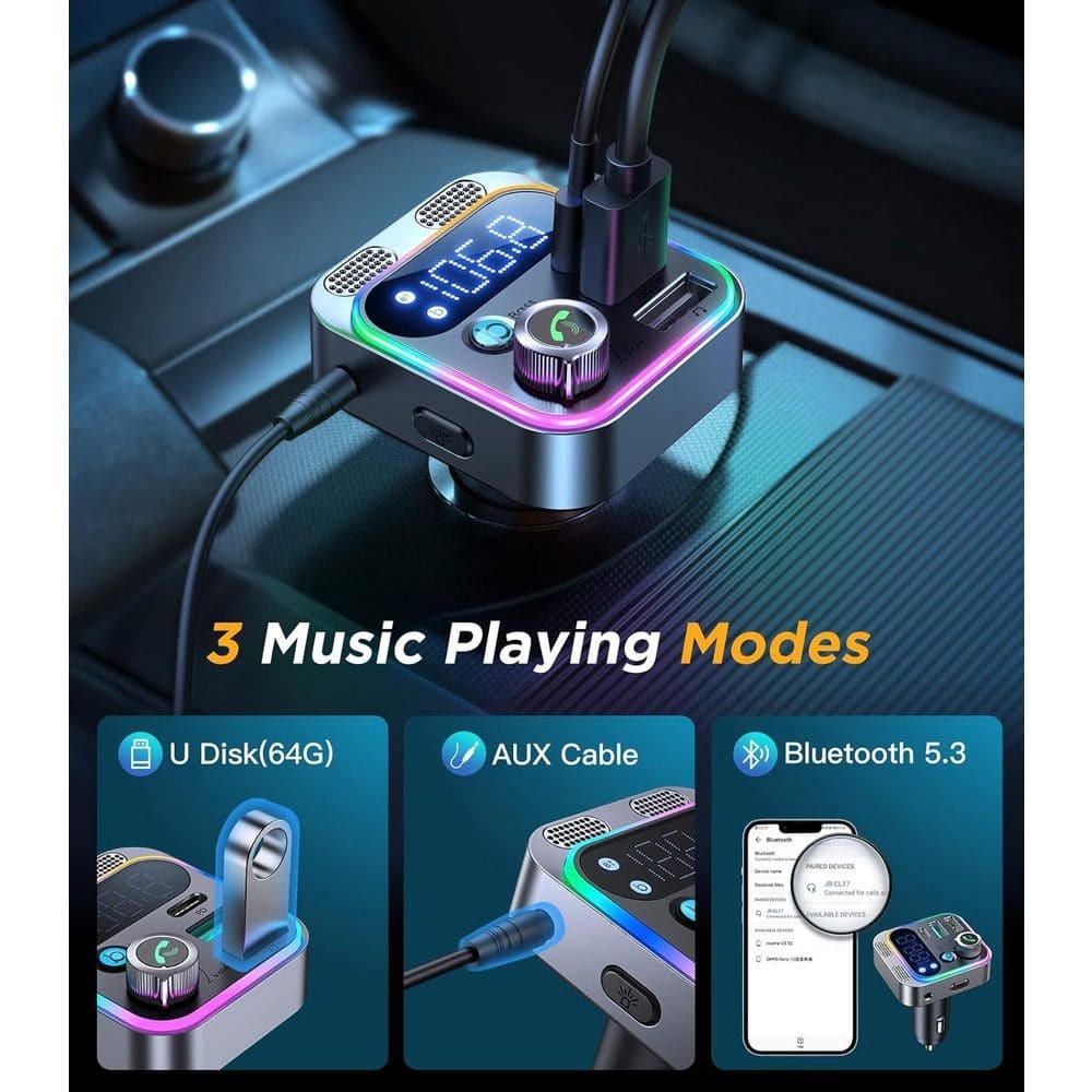 Bluetooth 5.3 FM Transmitter Car Adapter Dual Mics Hifi Deep Bass Sound 48W PD Q