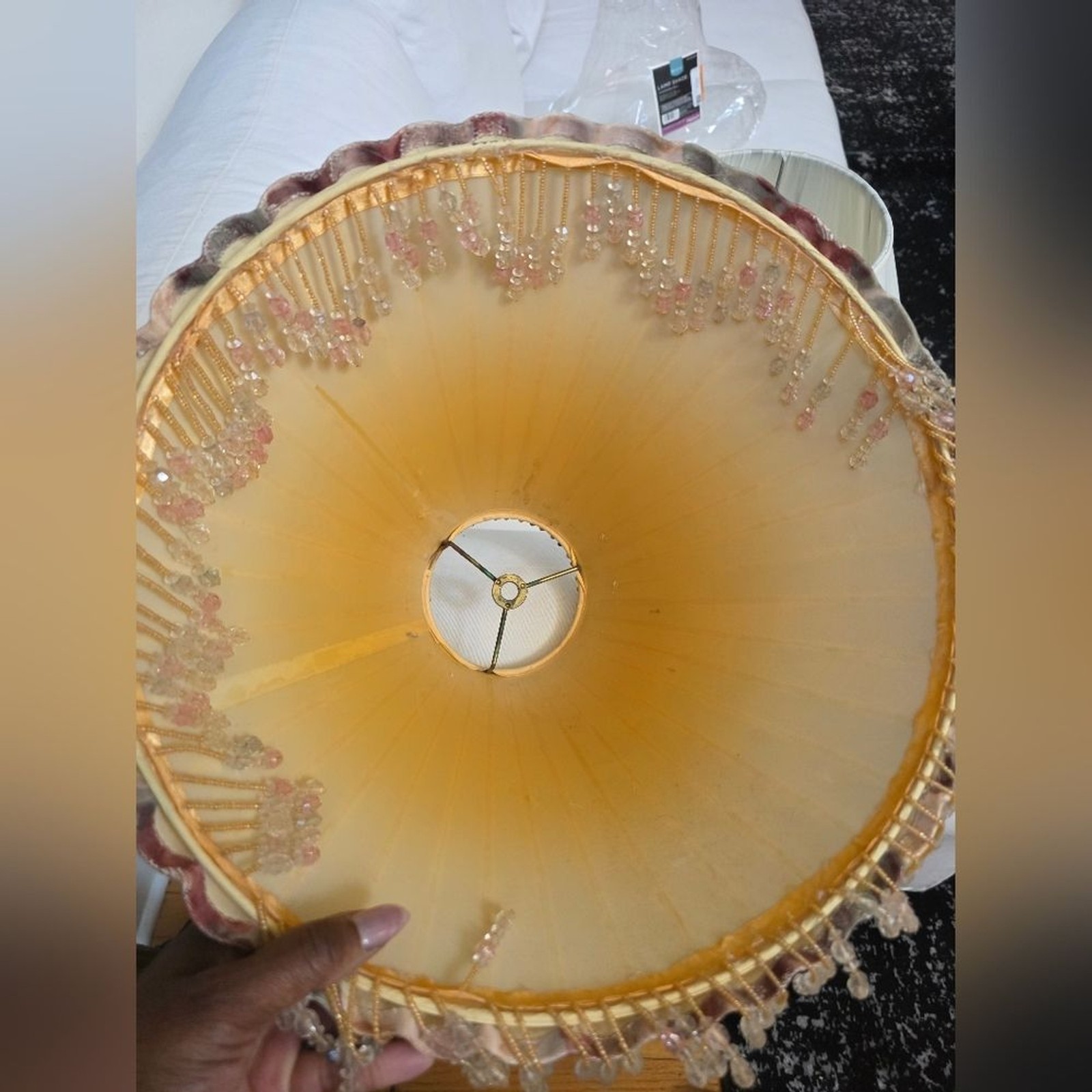 Vtg Threshold Home Brand Champagne Bell Lamp Shade Pleated Fabric Beaded Fringe