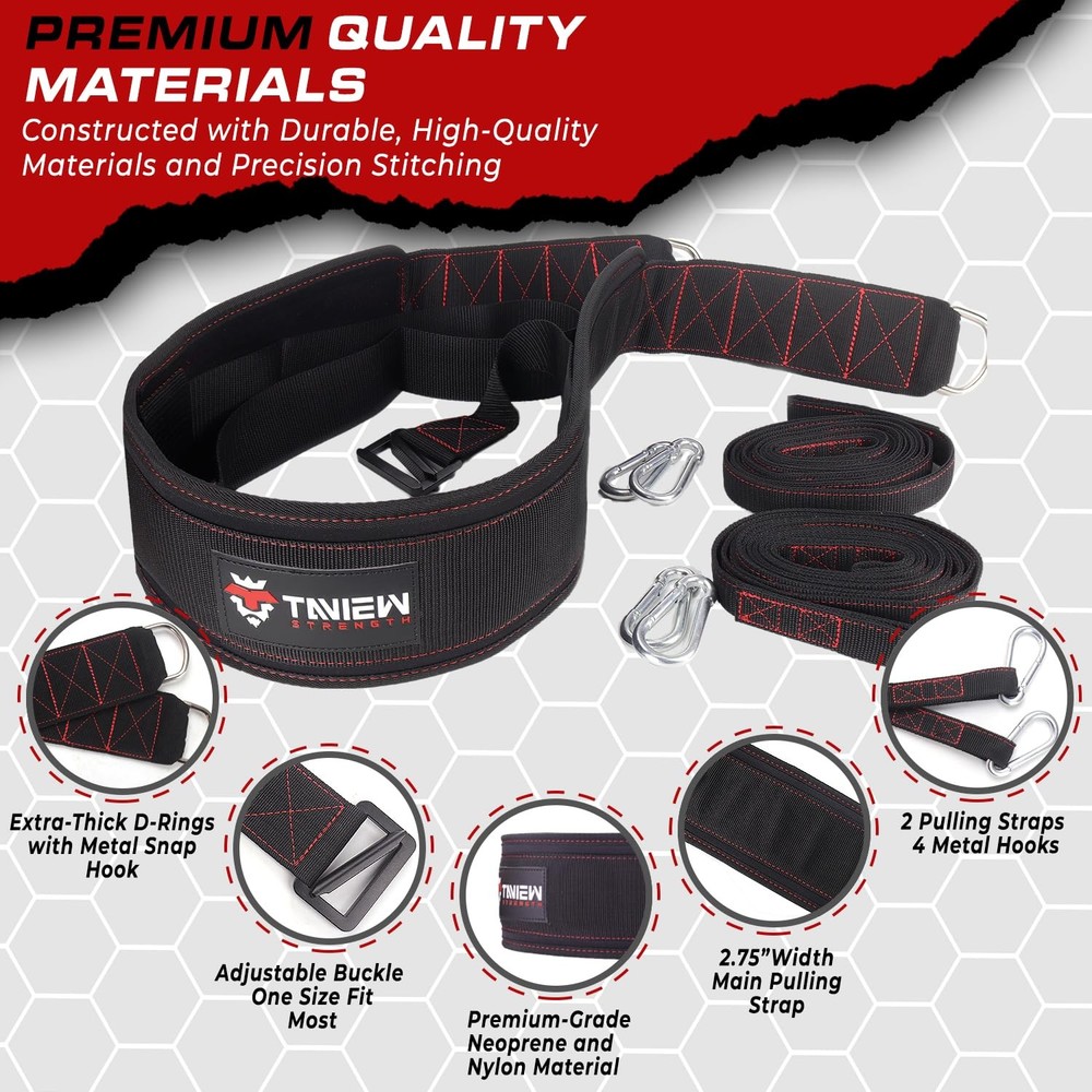 Sled Pulling Belt with Adjustable Closure, 2 Sled Pulling Straps & 4 Hooks – ...