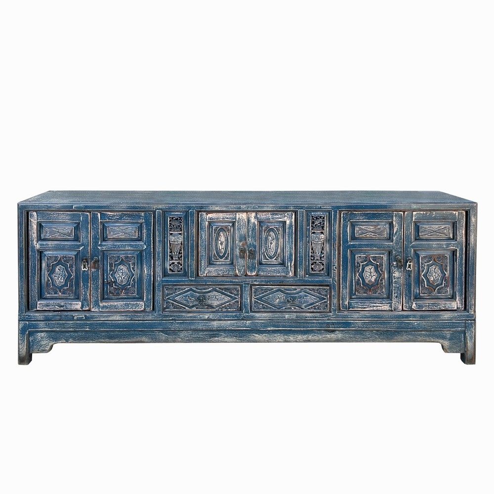 Chinese Distressed Dark Blue Vases Pattern TV Console Table Cabinet cs7738