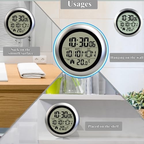 Digital Waterproof Shower Clock, Digital Wall Clock for Bathroom with Silver