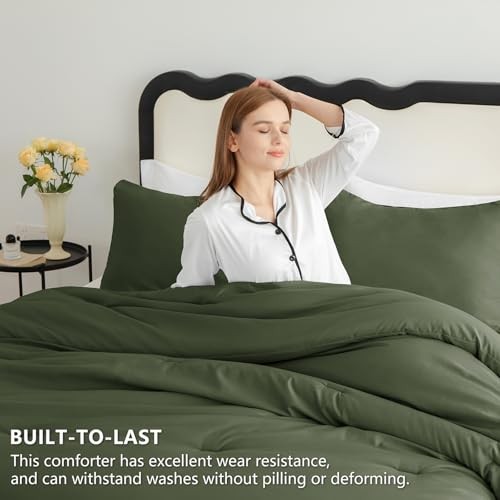 Comforter Set 3 Pieces 120x98 Solid Breathable Oversized King Olive Green
