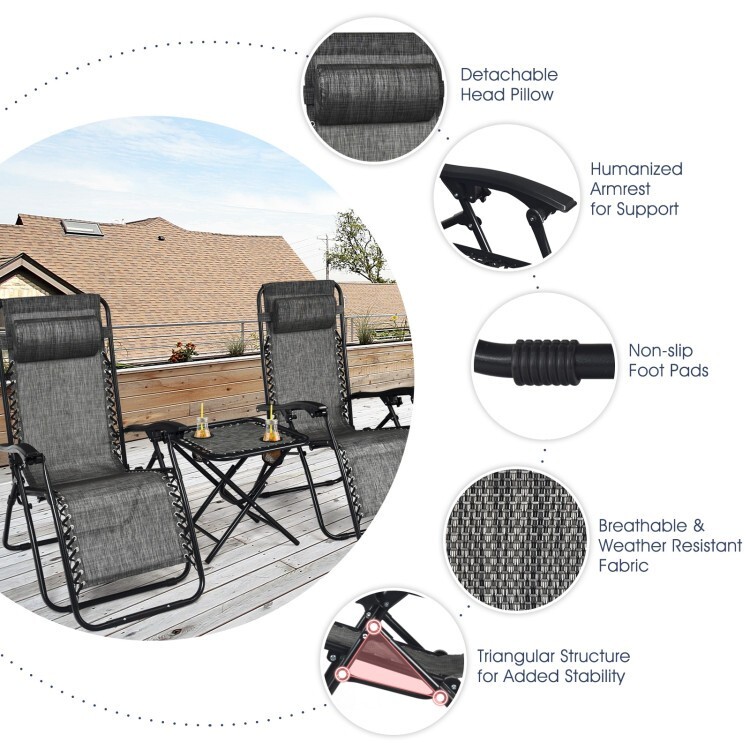 3 Pieces Folding Portable Zero Gravity Reclining Lounge Chairs & Side Table Set