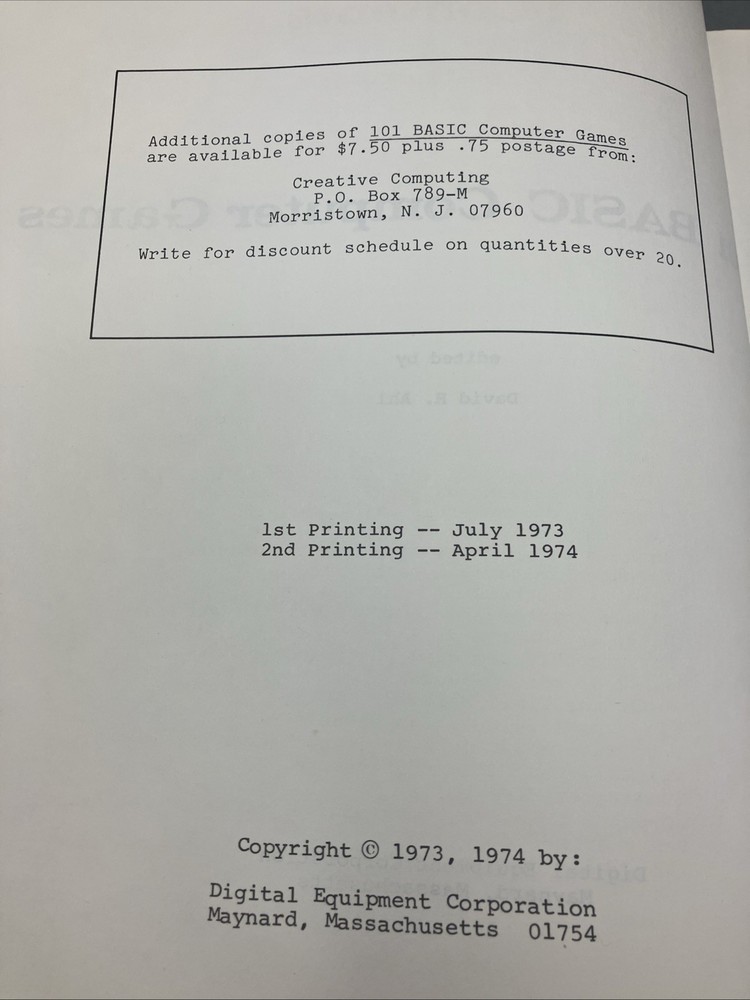 101 Basic Computer Games 1974 Code Book David H. Ahl Paperback Designer