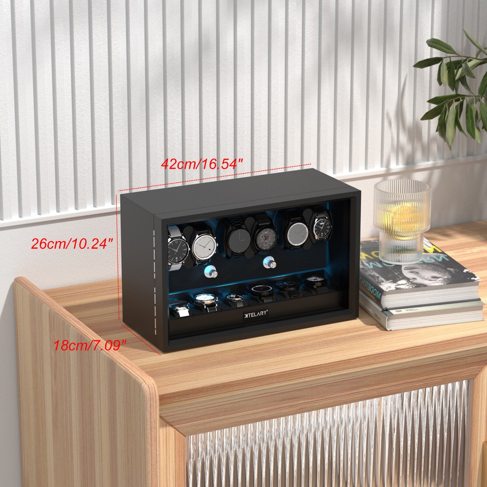 Automatic Rotation 6 Watch Winder Box With 6 Extra Storage Box Blue LED Light