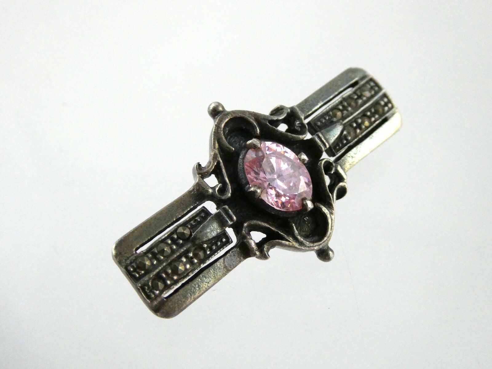 Sterling Silver Pink CZ and Marcasite Studded Bar Brooch Pin 925 6.7g 1.5 Inches
