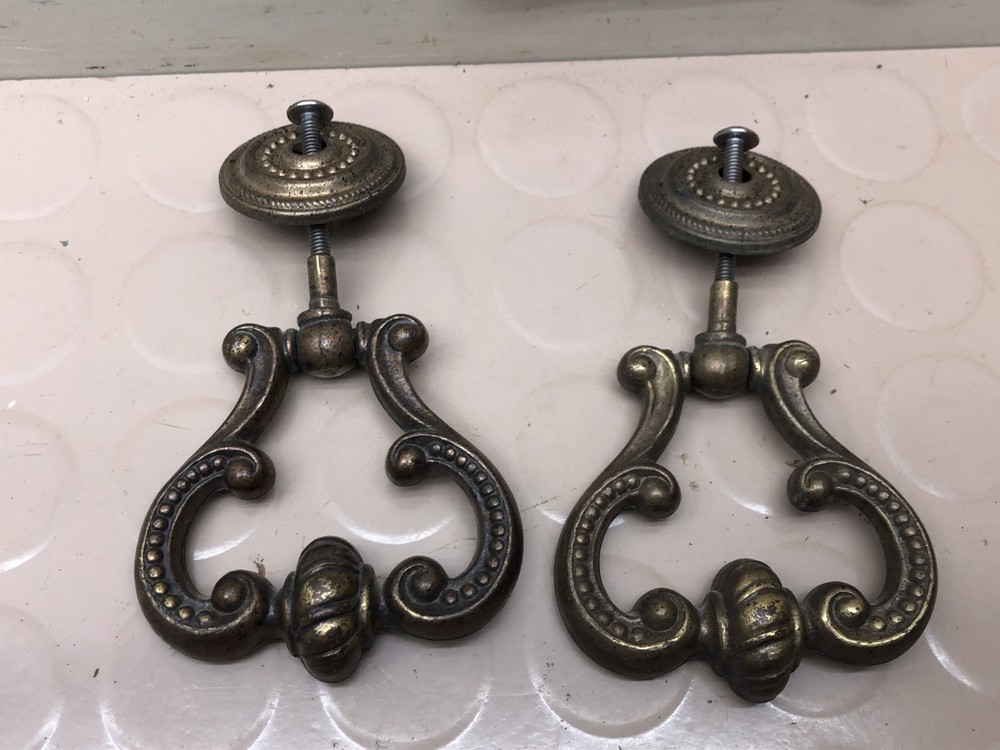 2 Antique-Bronze Large Heavy Drop Furniture Hardware Pulls Knobs w/Backplate