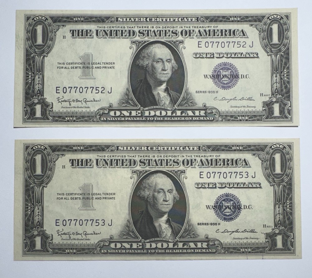 2 Consecutive- 1935 H $1 One Dollar Silver Certificate Notes UNC