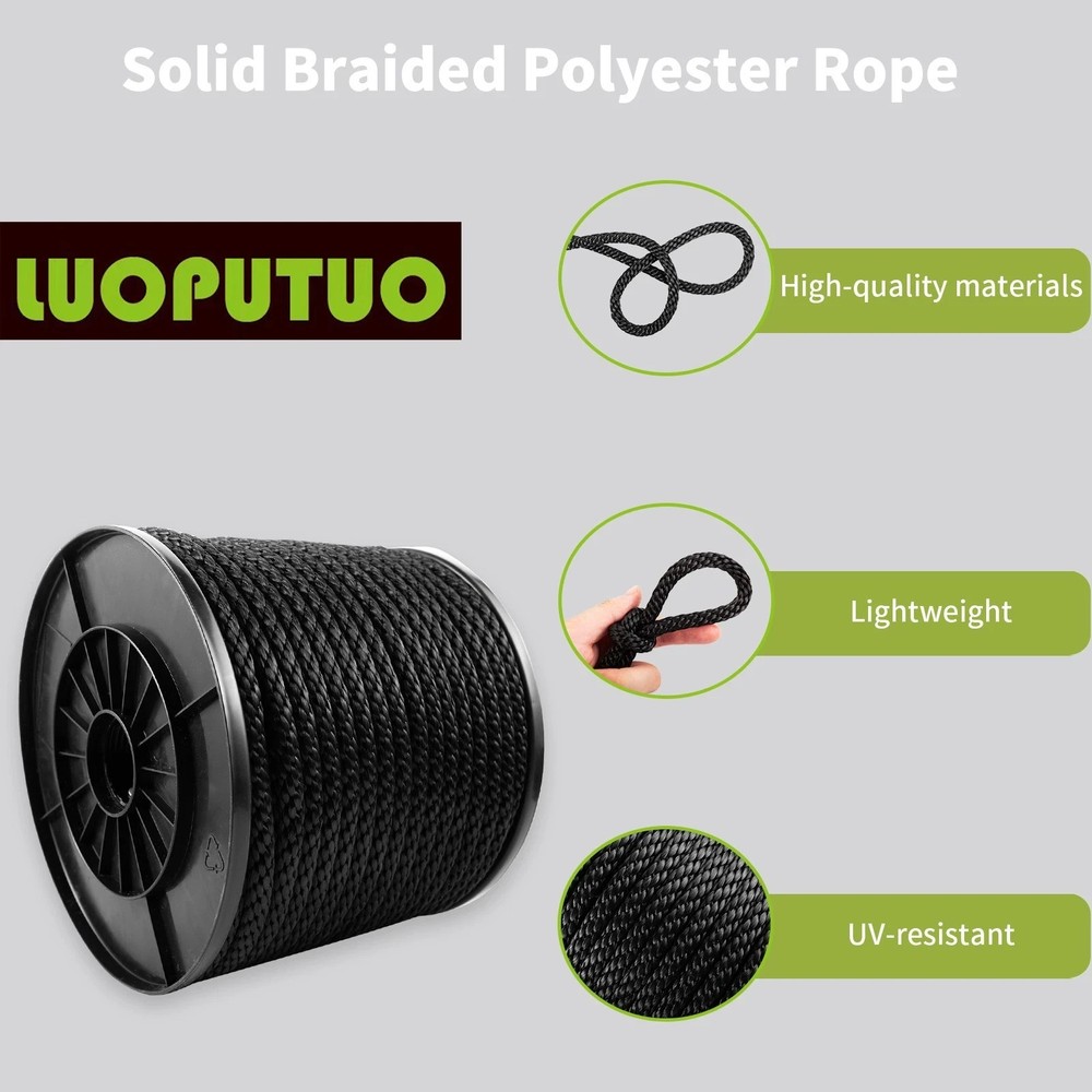 3/8 200'' Black Polyester Solid Braid Rope Outdoor Mooring Rope