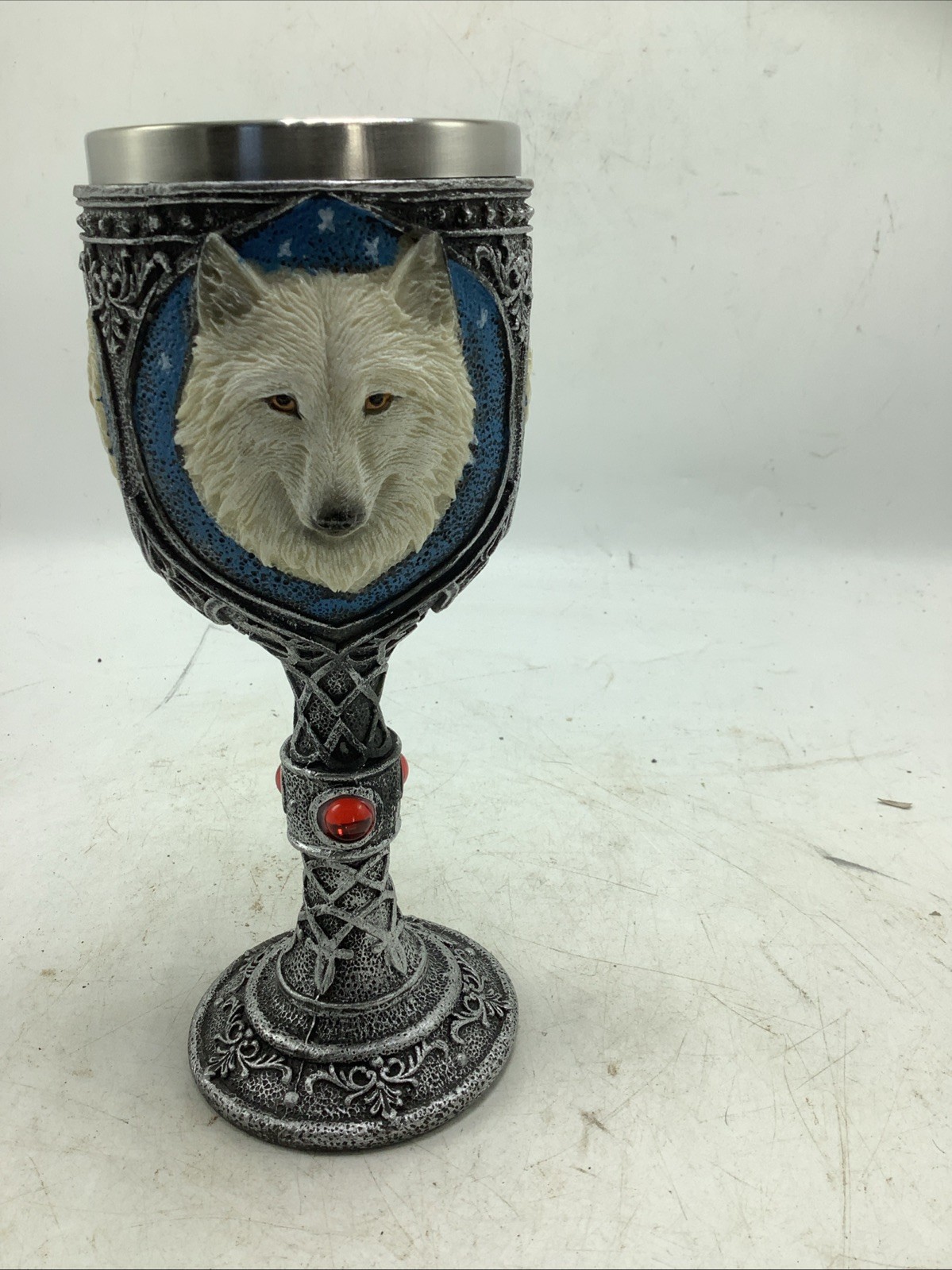 Game Of Thrones Direwolf Chalice Alpha Wolf Wine Goblet Celtic Magic Red Stones