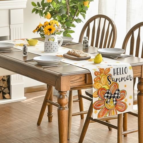 Flowers Bow Bees Hello Summer Table Runner, 13" x 72", Table Runner Beige