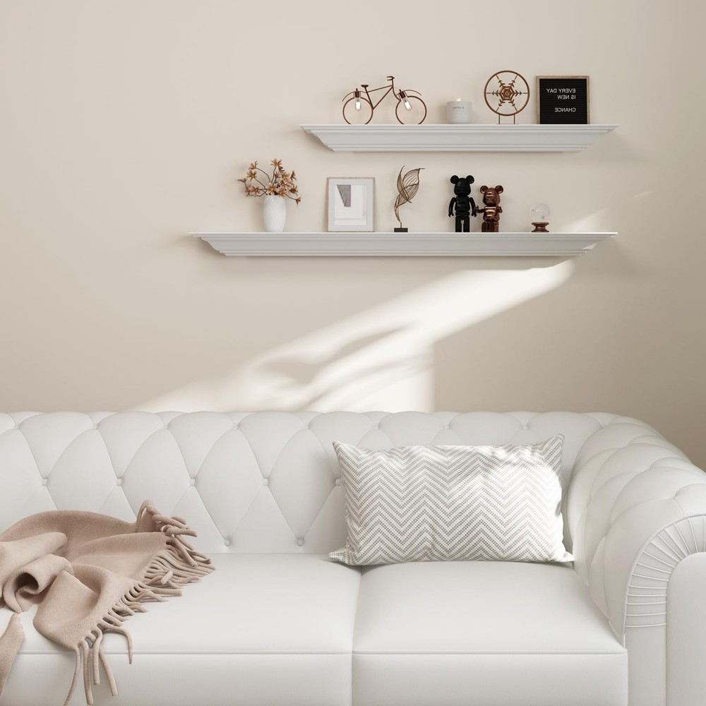 Solid Wood White Floating Shelves Wall Mounted, Molding Floating Wall Display...