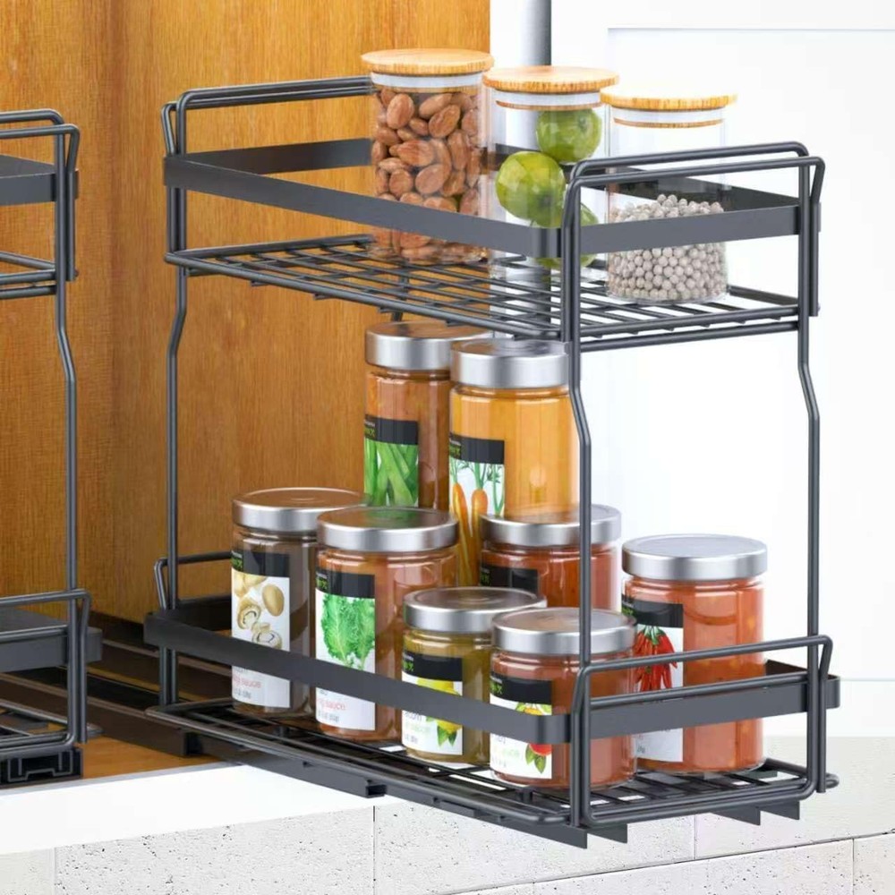 Pull Out Spice Rack Organizer for Inside Kitchen Cabinets, 2 Tier Metal Slide Ou