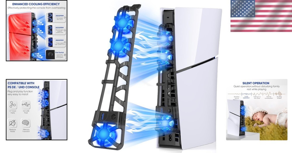 Enhanced PS5 Slim Cooling Fan - LED Light, Auto Memory Function, Compact Design