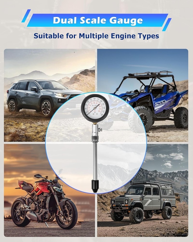 Versatile Engine Compression Tester Kit with Adapters for Automotives and Bikes