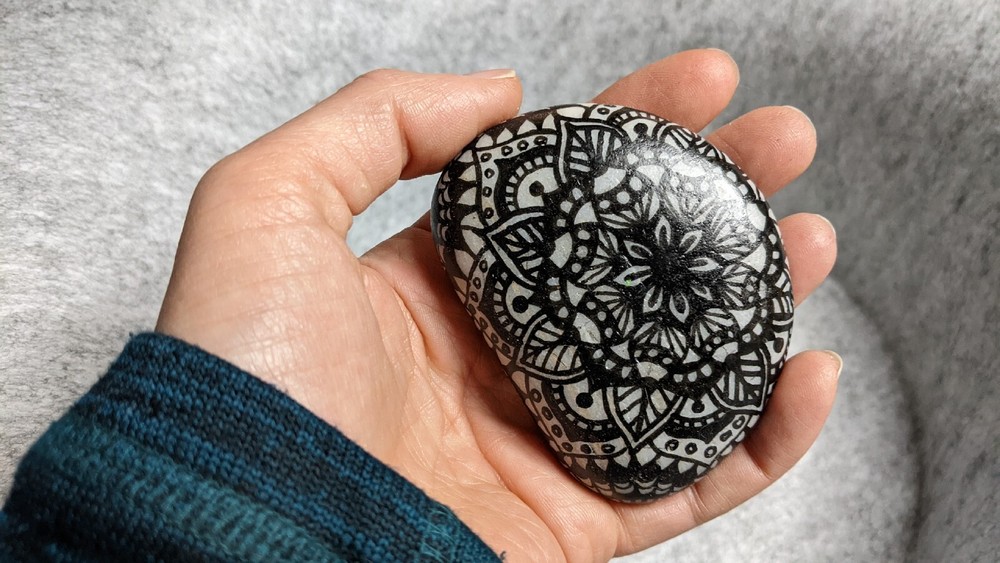 Hand Painted Rock / Stone - mandala black line design