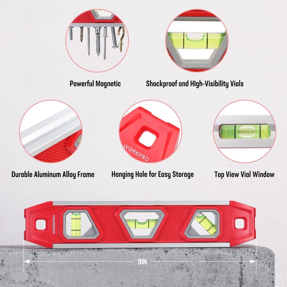 9Inch Torpedo Level Magnetic, Small Leveler Tool with 3 Different Bubbles 45°...