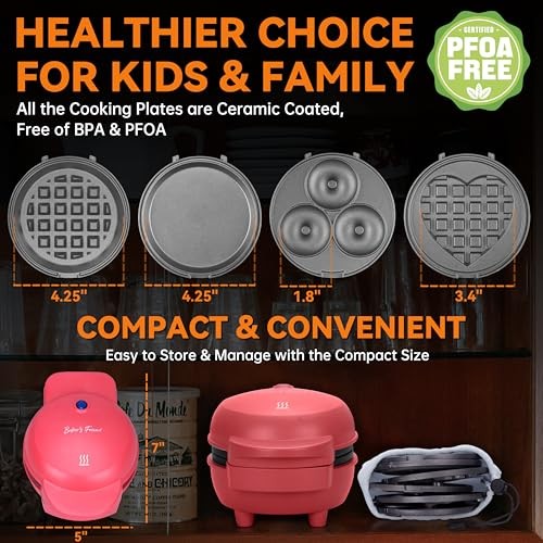 4 in 1 Waffle Maker Set: Mini Doughnut & Waffle Maker, Multi Mini Maker (Red)