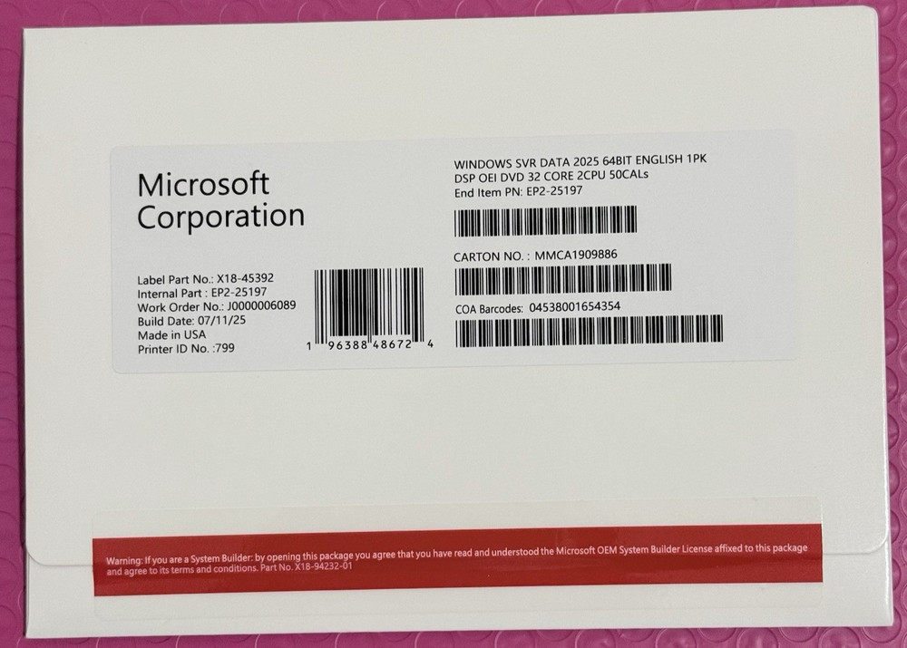 Microsoft Windows Server 2025 Datacenter 64Bit 32 Core-50 CALs DVD With Key