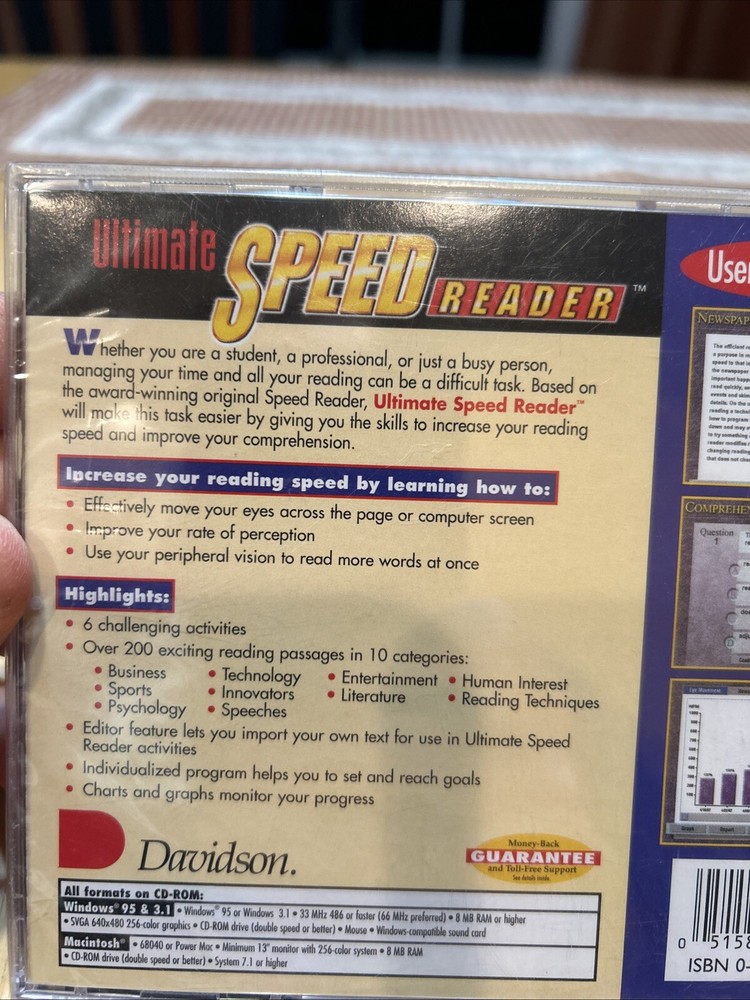Vintage NOS Davidson Ultimate Speed Reader training CD For Windows 95/Mac 3.1