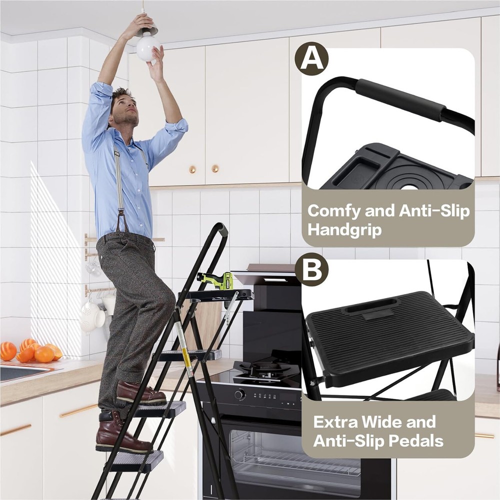 4 Step Folding Ladder with Tool Platform Non-Slip