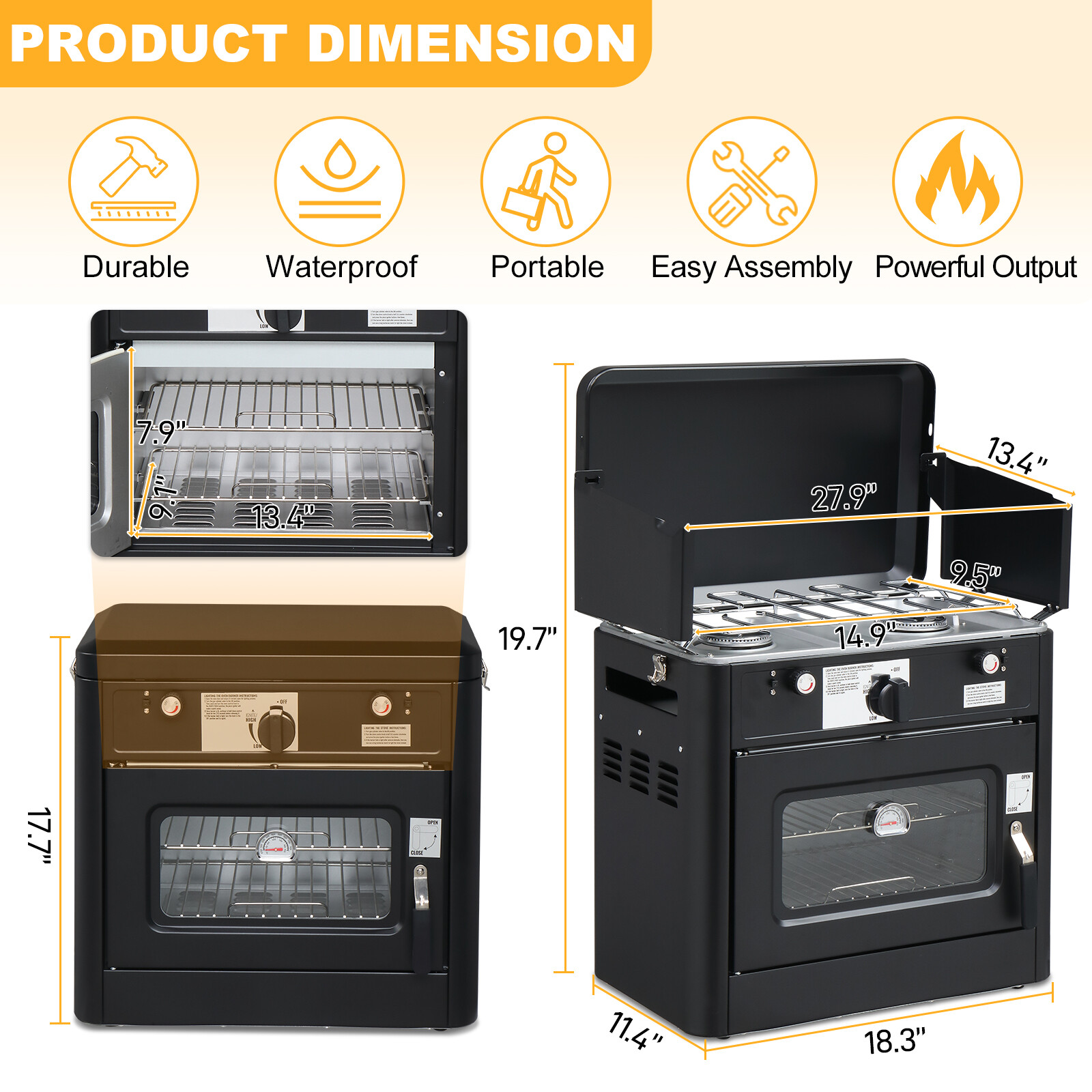 2-in-1 Portable Outdoor Camping 2 Burner Stove Propane Oven with Piezo Lgniter