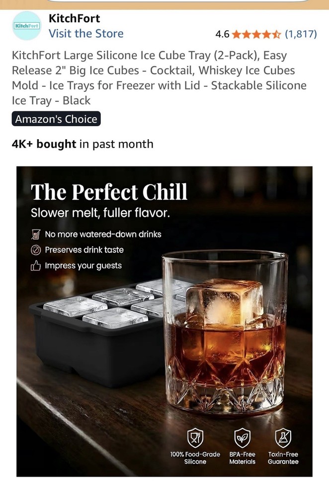 KitchFort Large Silicone Ice Cube Tray 2-Pack Black Stackable Easy Release