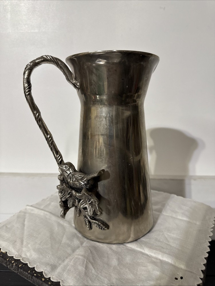 Silver Nickel Water Pitcher w/ Bird and twigs