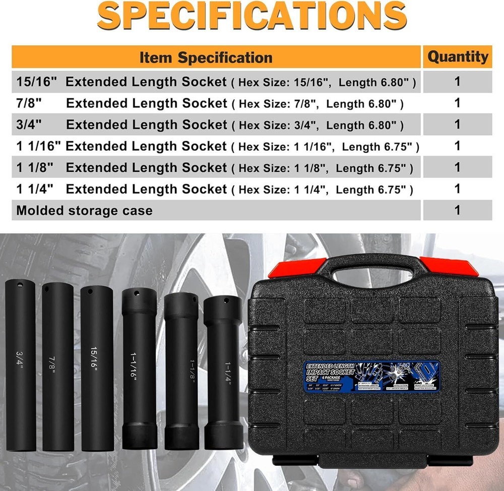1/2 Inch Drive Heavy Duty Extended Length Extra-Deep Length Impact Socket Set