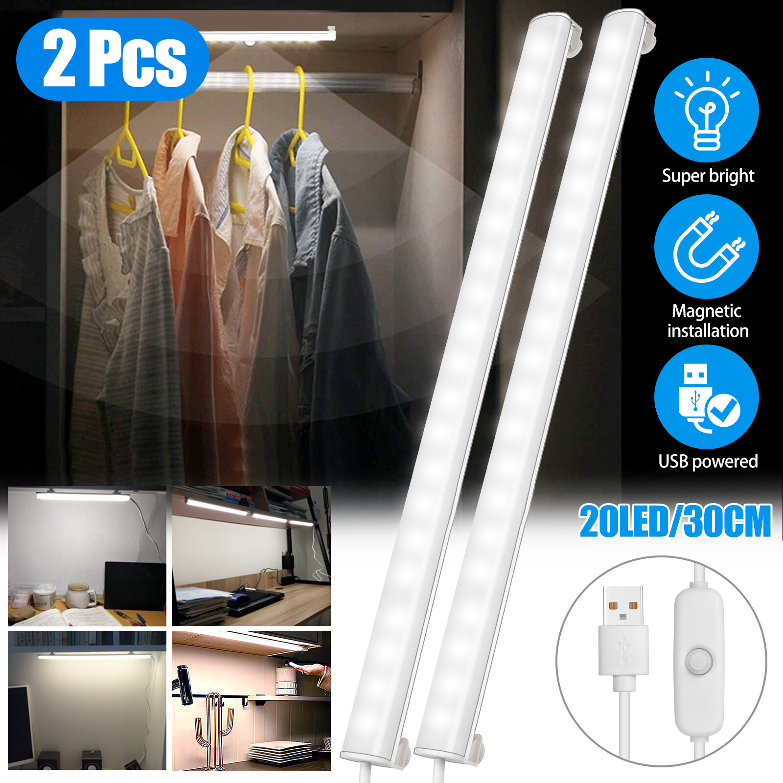 2X LED Kitchen Under Cabinet Closet Shelf Lighting Strip Bar USB Light Lamp Kit