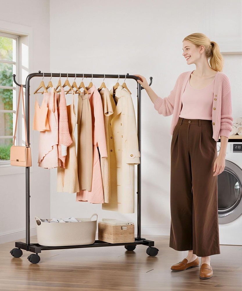Adjustable Rolling Clothes Rack with Hooks - Heavy Duty Indoor Storage