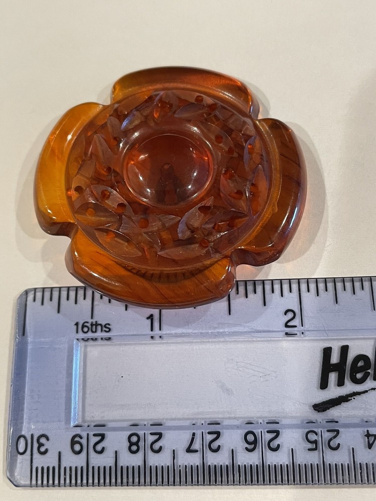 Vintage Tested Root Beer Bakelite Carved Flower Button 2”