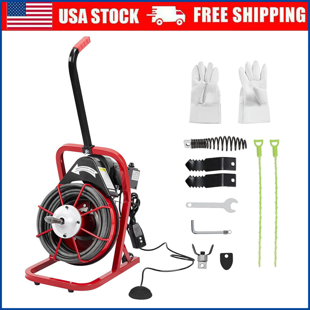 75 FT x 1/2 inch Electric Drain Cleaner Machine Drain Auger Auto Feed With Kits