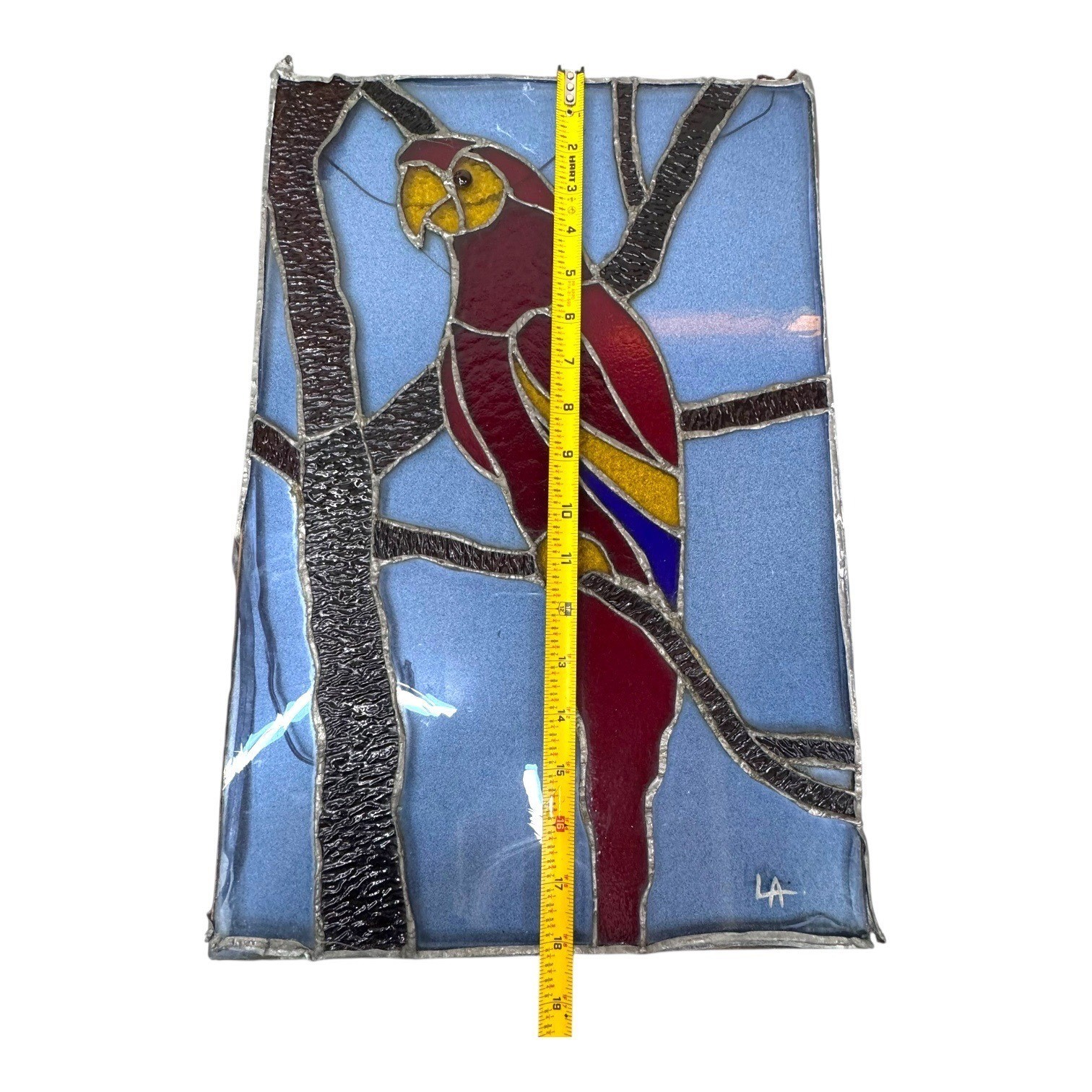 Handcrafted Signed Stained Glass Scarlet Macaw Parrot Wall Art Artisan Panel 18"