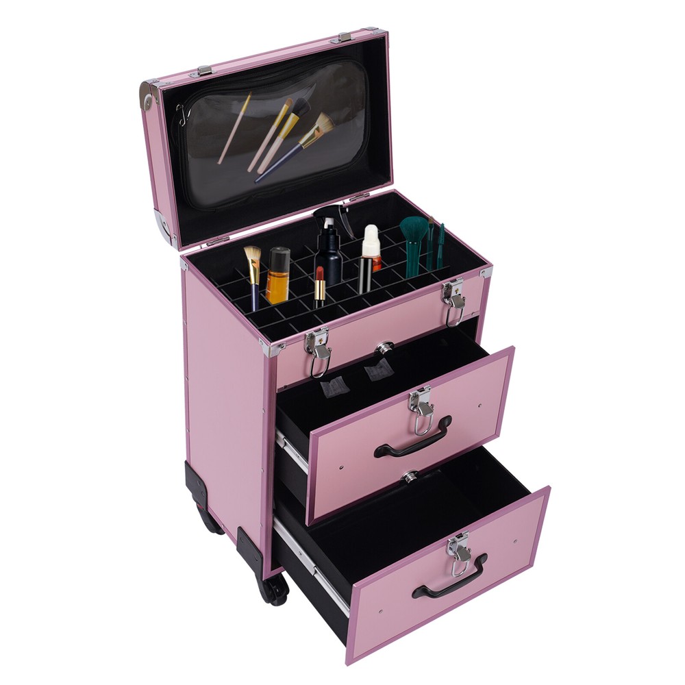 Cosmetic Pro Rolling Makeup Train Case Aluminum Trolley Train Case Box Organizer