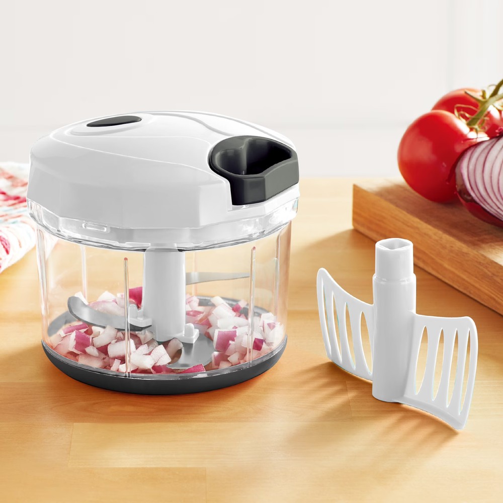 Mainstays 1qt Quick Pull Chopper BPA Free SS Blades White Grey