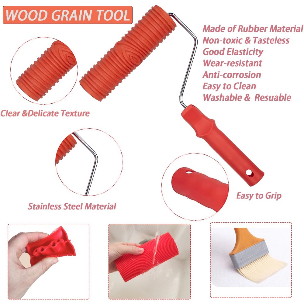 7Pcs Wood Grain Tool Set Painting Roller Texture Paint DIY Rubber Pattern Wall